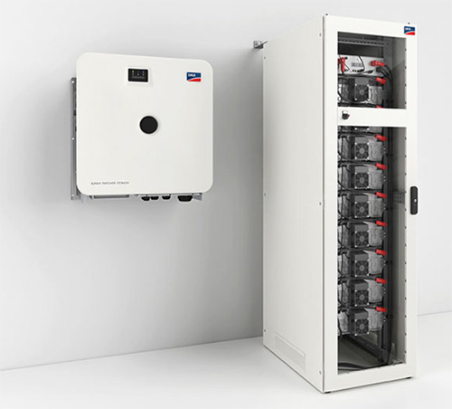 SMA - Batterie - SMA Commercial Storage Solution composto da: inverter STPS 30-20, kit batterie ad alta tensione 32 kWh, bms incluso, energy meter da 600A, system manager integrato, SMA Energy Management powered by ennexOS